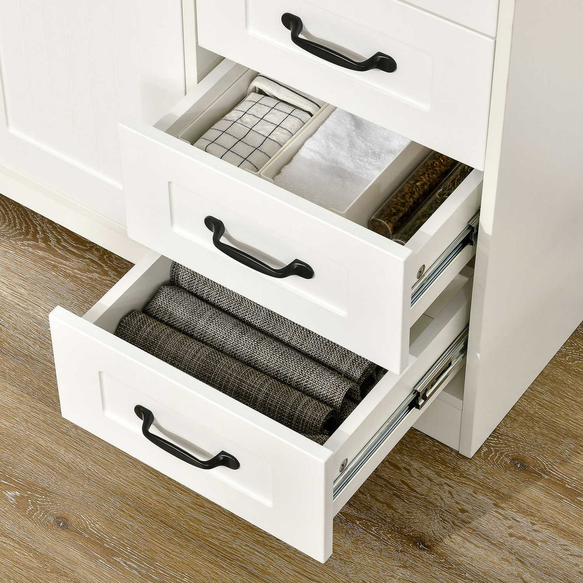 Sideboard White Side Cabinet With 4 Drawers, Adjustable Shelf And Tilt Protection, For Kitchen And Living Room