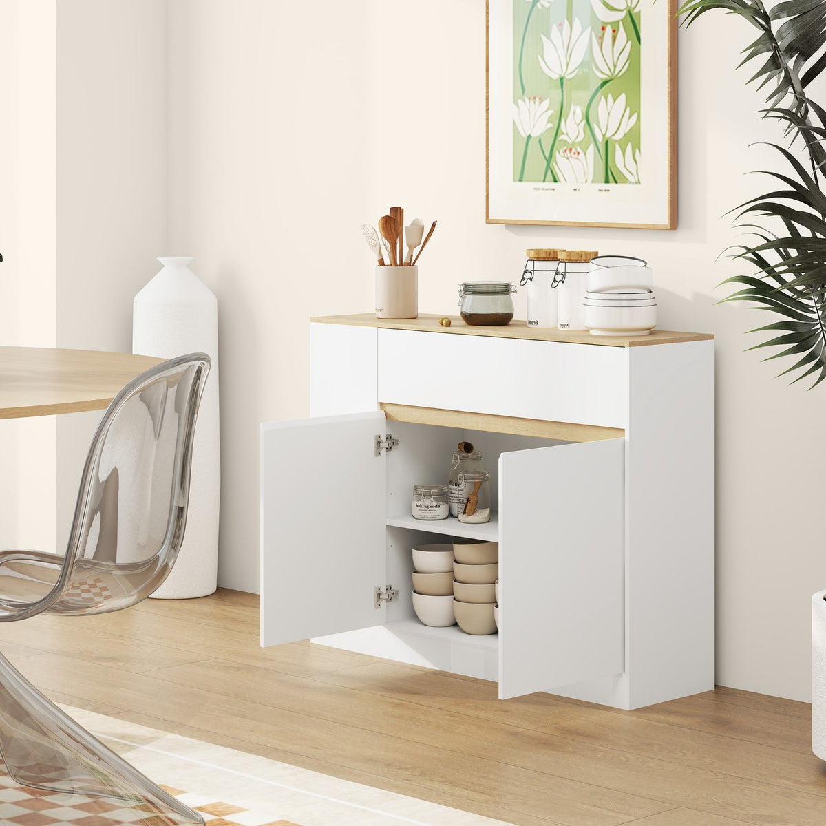 Sideboard, kitchen cabinet with drawer, adjustable shelf, storage cabinet with anti-tip protection, side cabinet for kitchen, dining room, 105 x 30 x 81.5 cm white