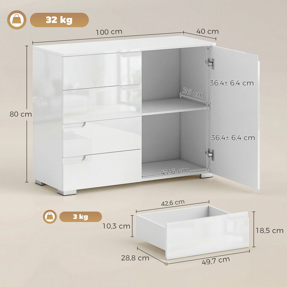 Sideboard with 4 Drawers, 1 Door, Adjustable Shelf, White