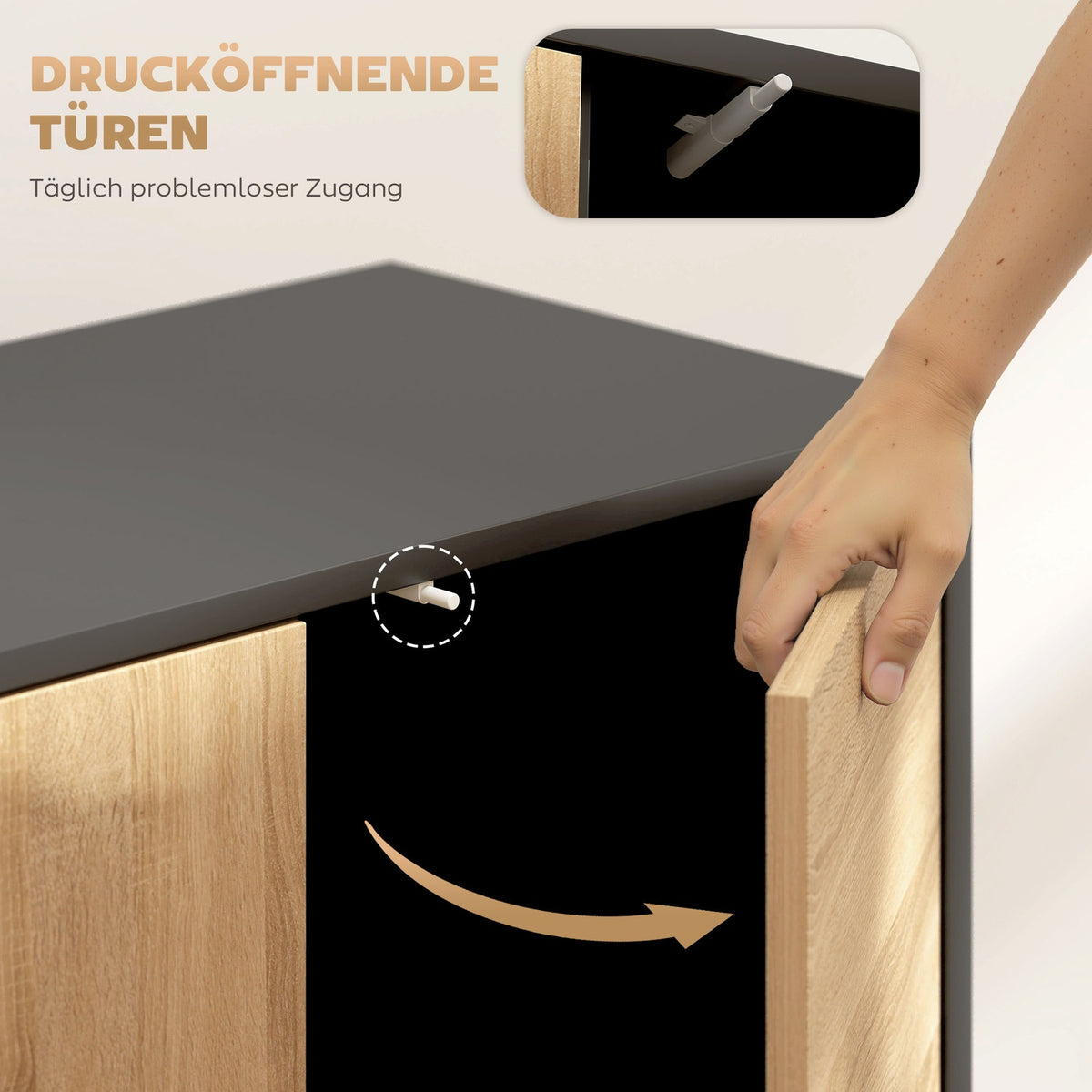 Sideboard with Push-to-Open Doors, Black/Natural Wood