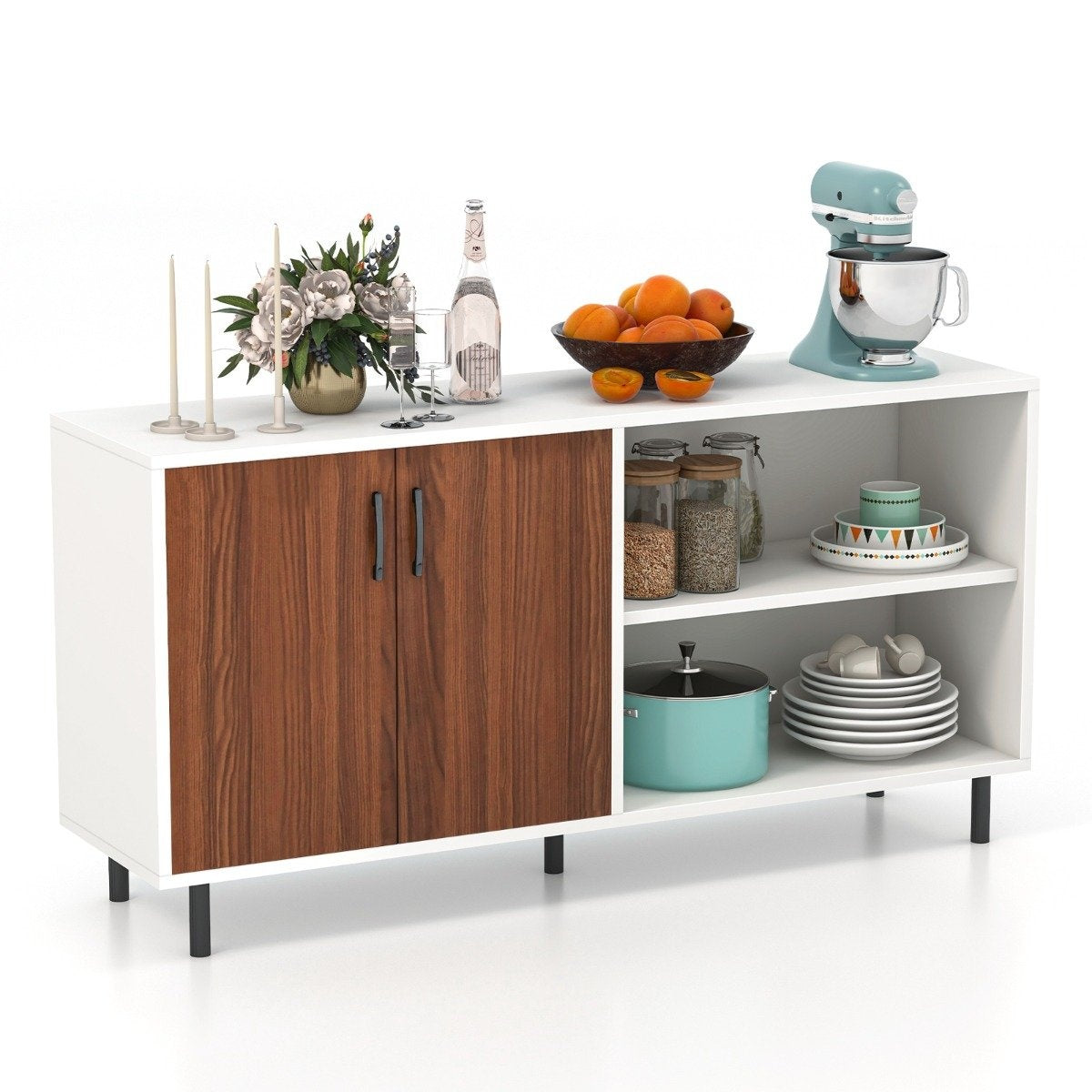 Sideboard with cupboard and 2 open compartments chest of drawers made of wood 148 x 40 x 75cm walnut
