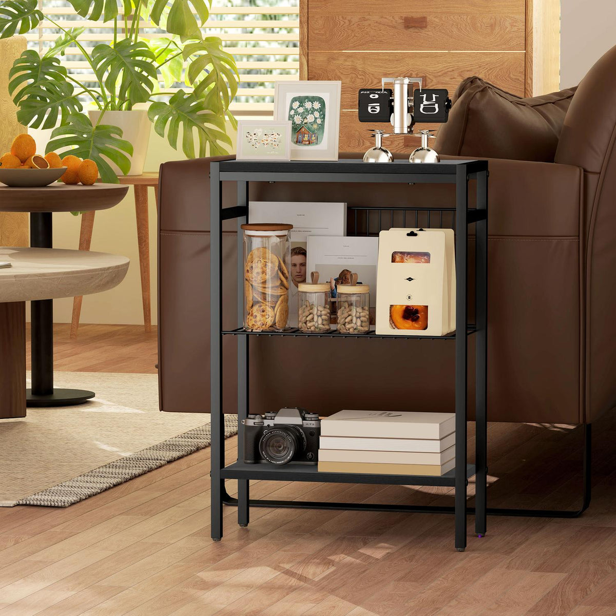 Side table, 3-tier design, wood-effect shelves, steel frame, black