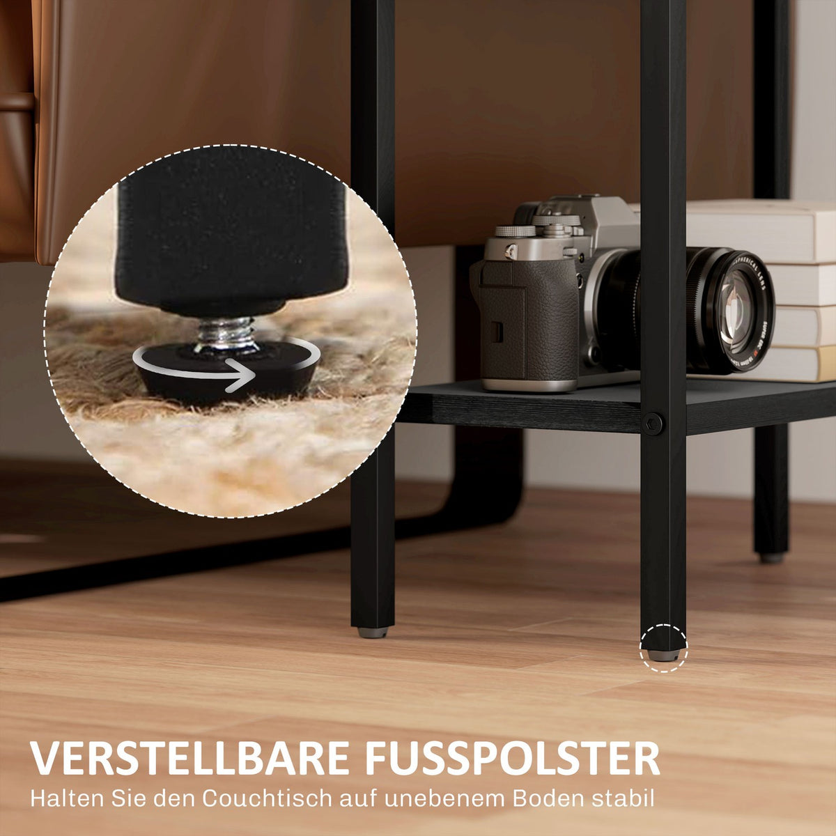 Side table, 3-tier design, wood-effect shelves, steel frame, black