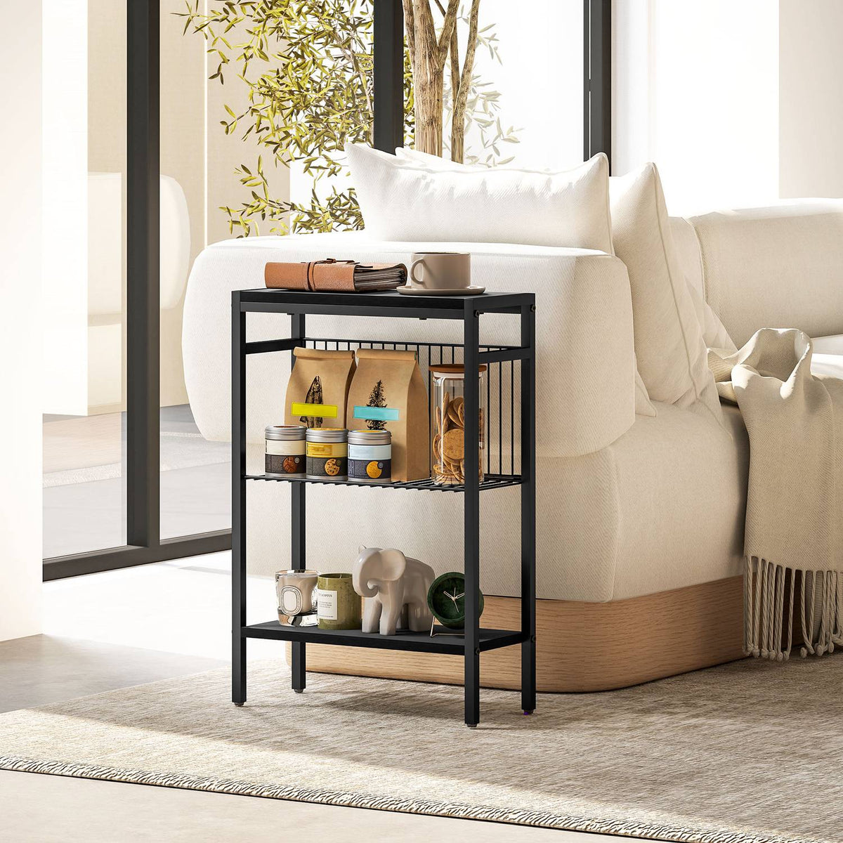Side table, 3-tier design, wood-effect shelves, steel frame, black