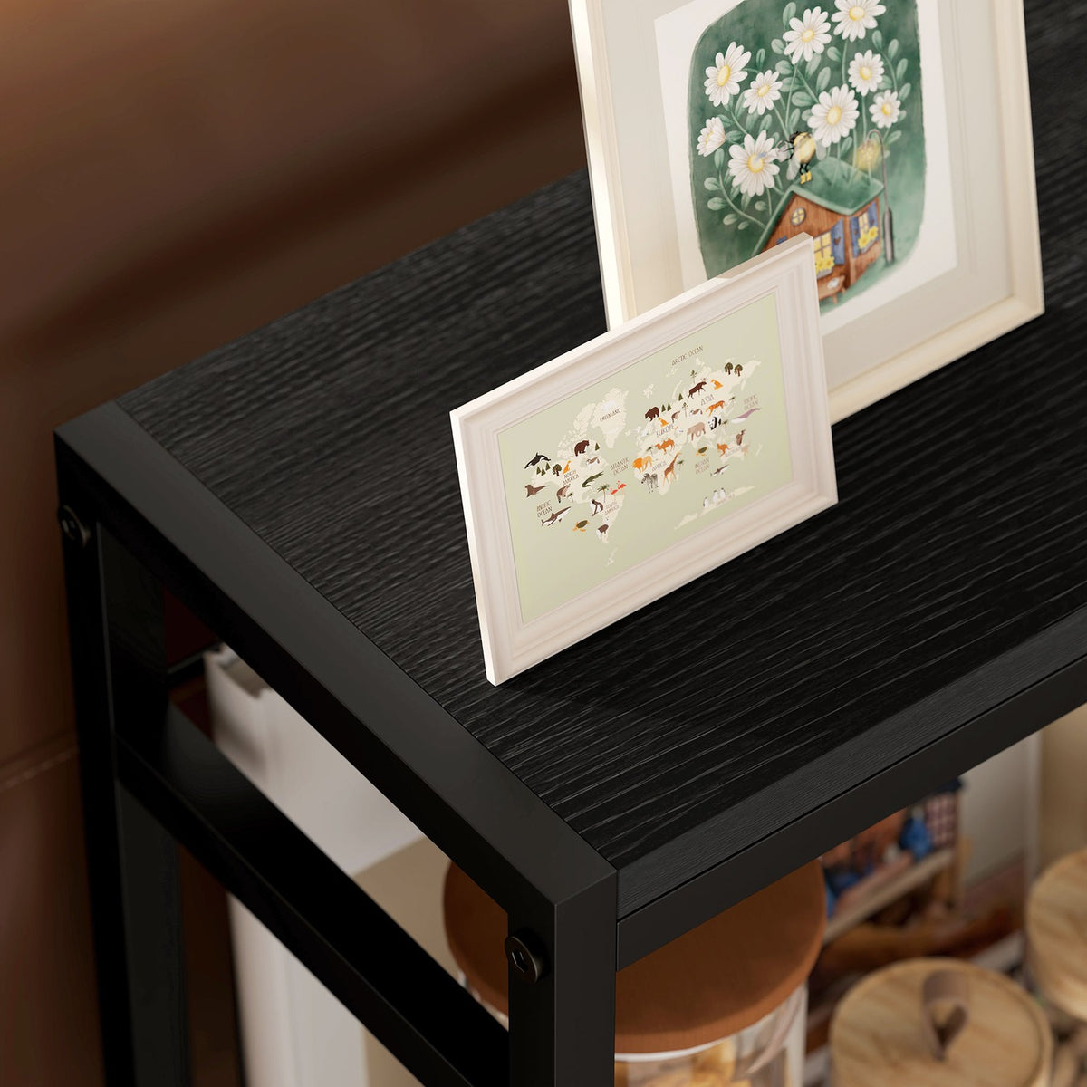 Side table, 3-tier design, wood-effect shelves, steel frame, black