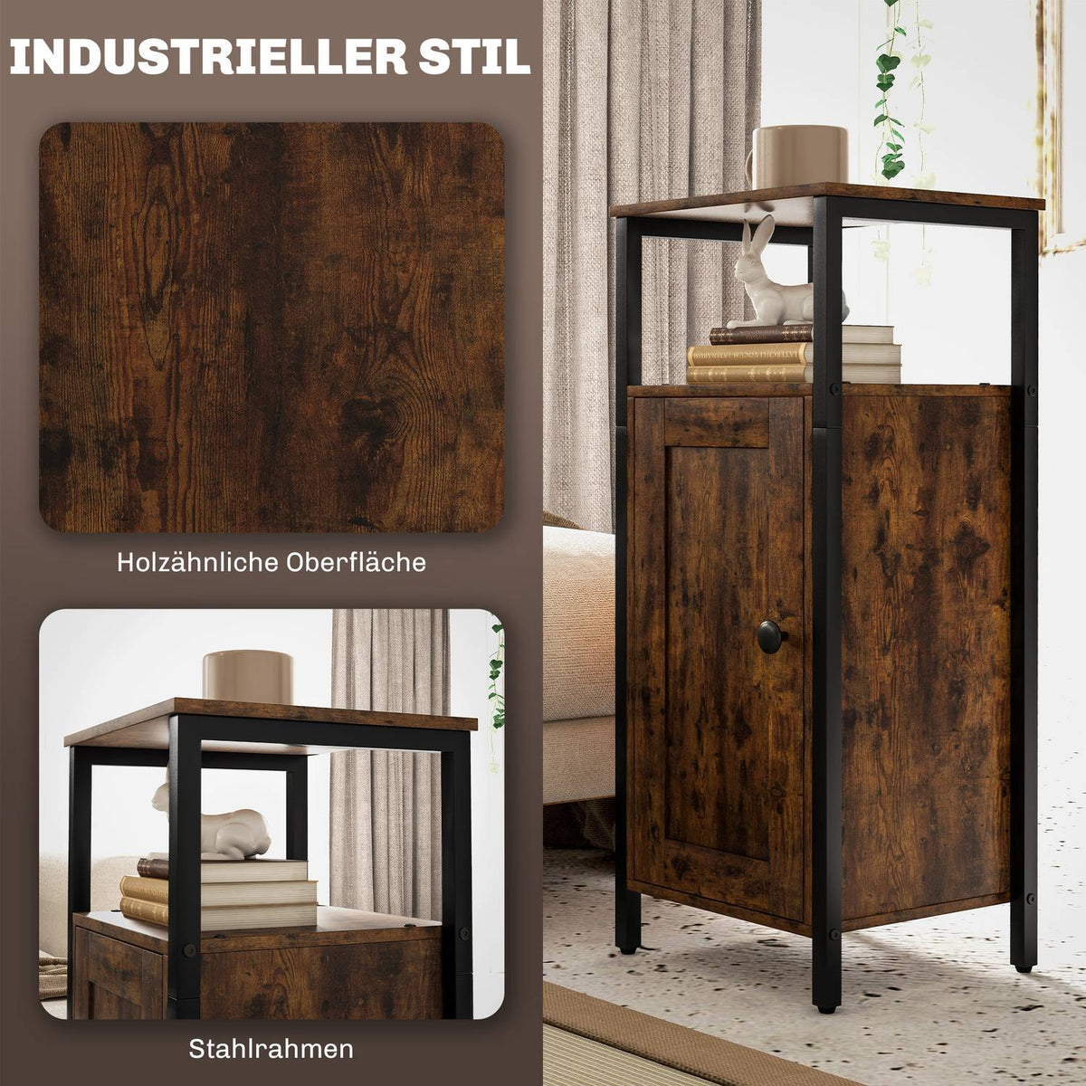 Side table, coffee table in industrial design, coffee table with adjustable shelf, for living room, bedroom, 34 x 30 x 80 cm, rustic brown