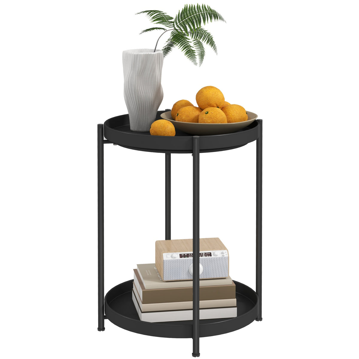Side table, coffee table with 2 shelves, round coffee table, for living room, bedroom, 44 x 44 x 56 cm, steel, black