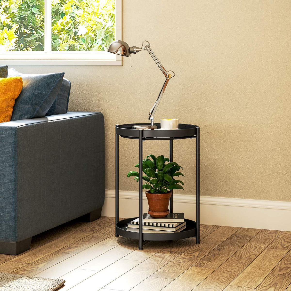 Side table, coffee table with 2 shelves, round coffee table, for living room, bedroom, 44 x 44 x 56 cm, steel, black