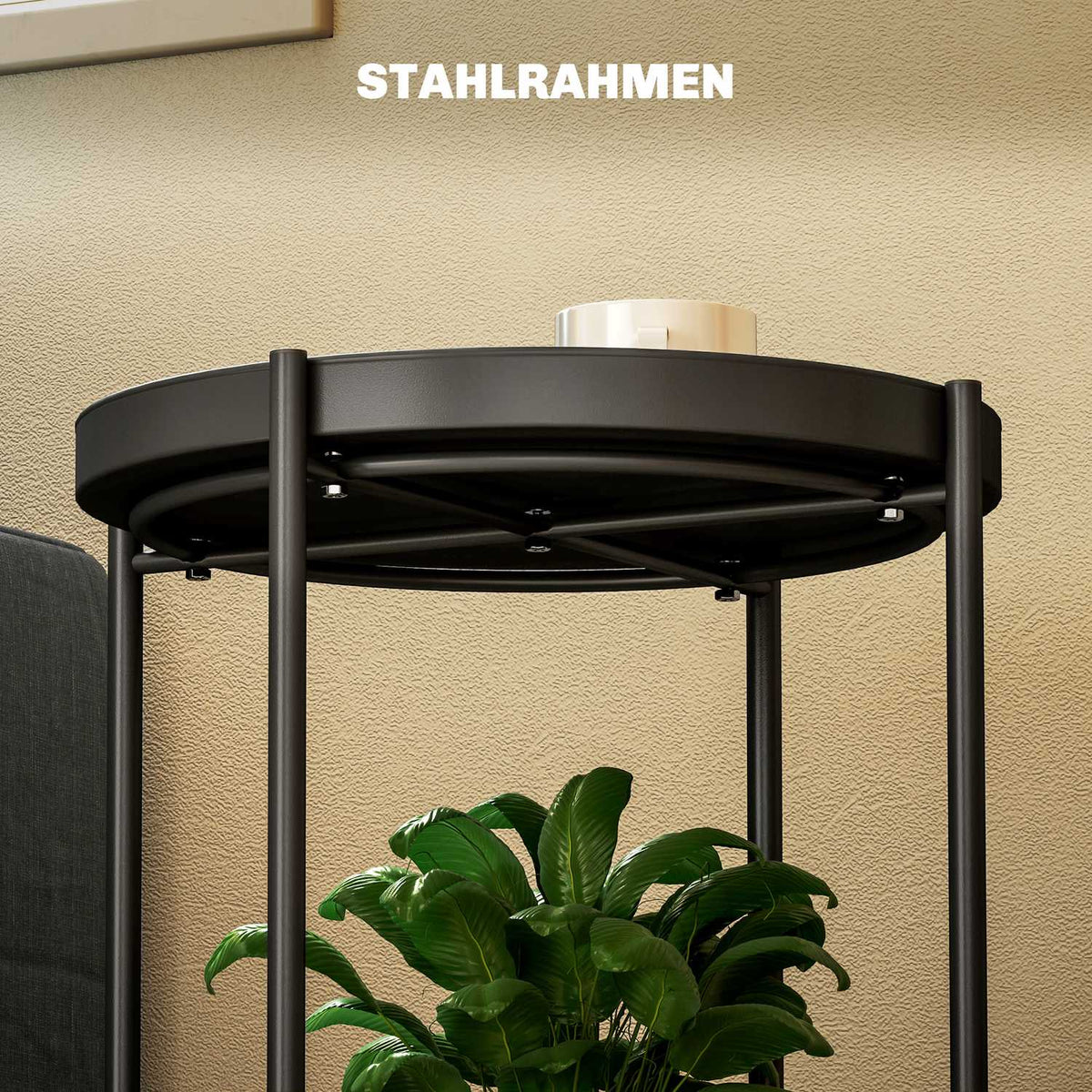 Side table, coffee table with 2 shelves, round coffee table, for living room, bedroom, 44 x 44 x 56 cm, steel, black