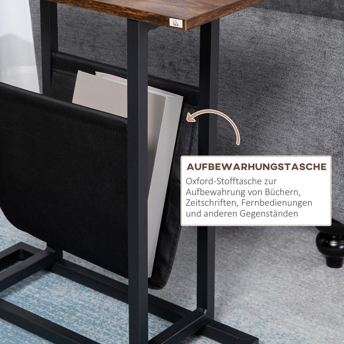 Side table coffee table with fabric bag & steel frame, bedside table for bedroom or living room, dark brown and black