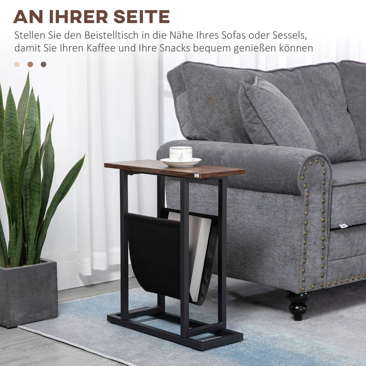 Side table coffee table with fabric bag & steel frame, bedside table for bedroom or living room, dark brown and black