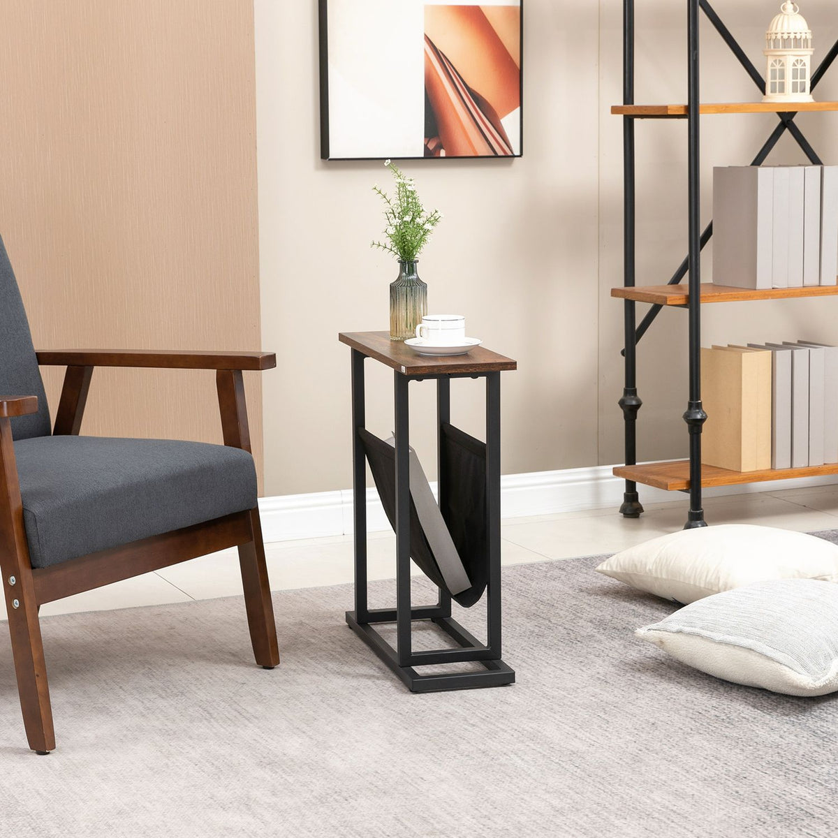 Side table coffee table with fabric bag & steel frame, bedside table for bedroom or living room, dark brown and black