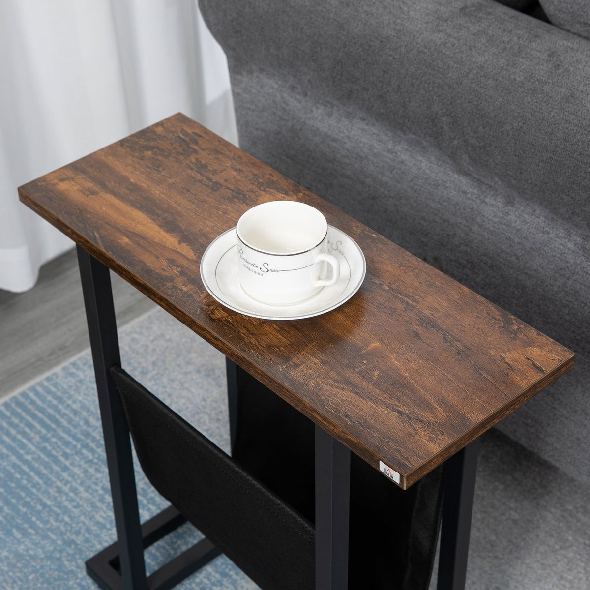 Side table coffee table with fabric bag & steel frame, bedside table for bedroom or living room, dark brown and black