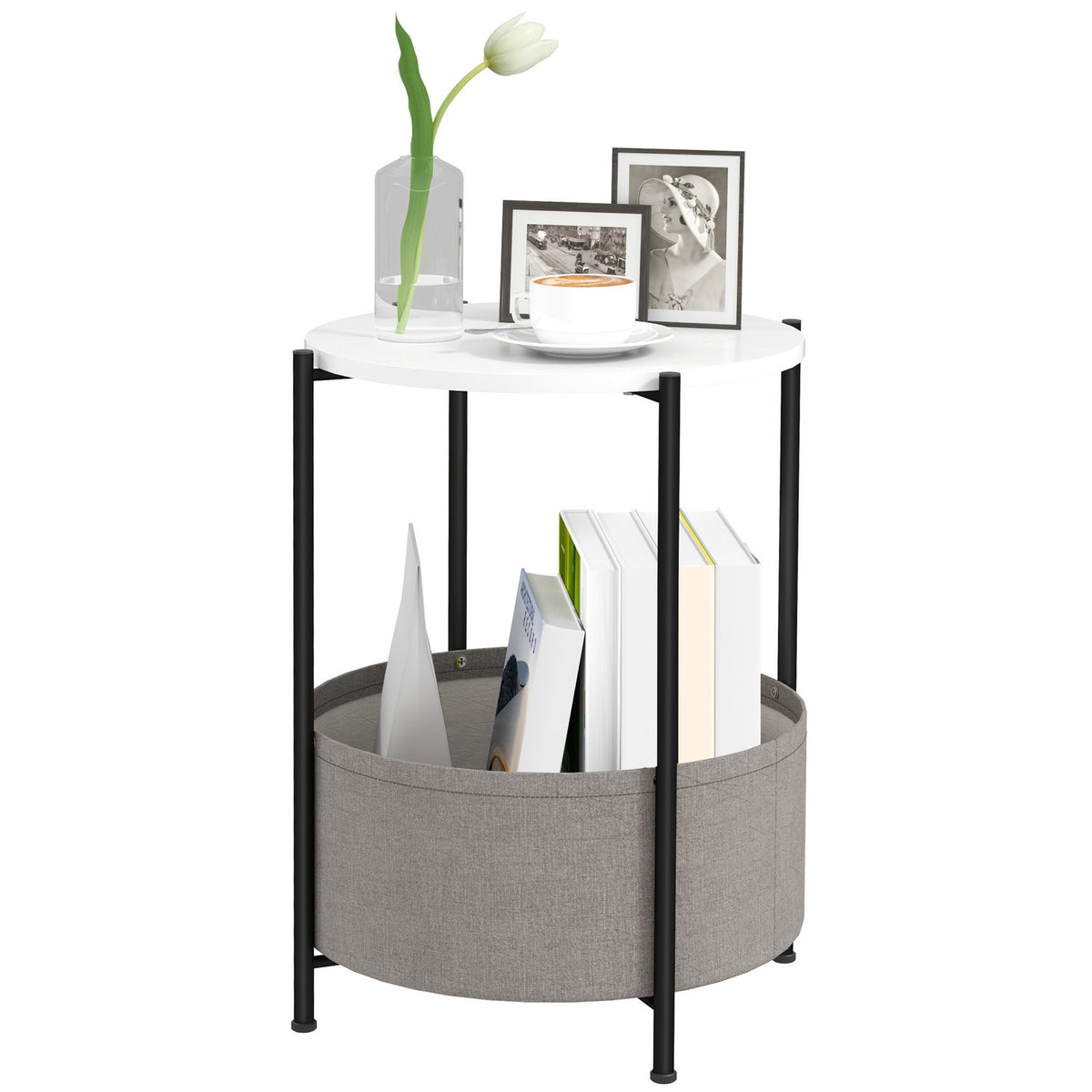 Side table, coffee table with fabric basket, round coffee table with storage space, for living room, bedroom, 44 x 44 x 56 cm, steel, gray + white