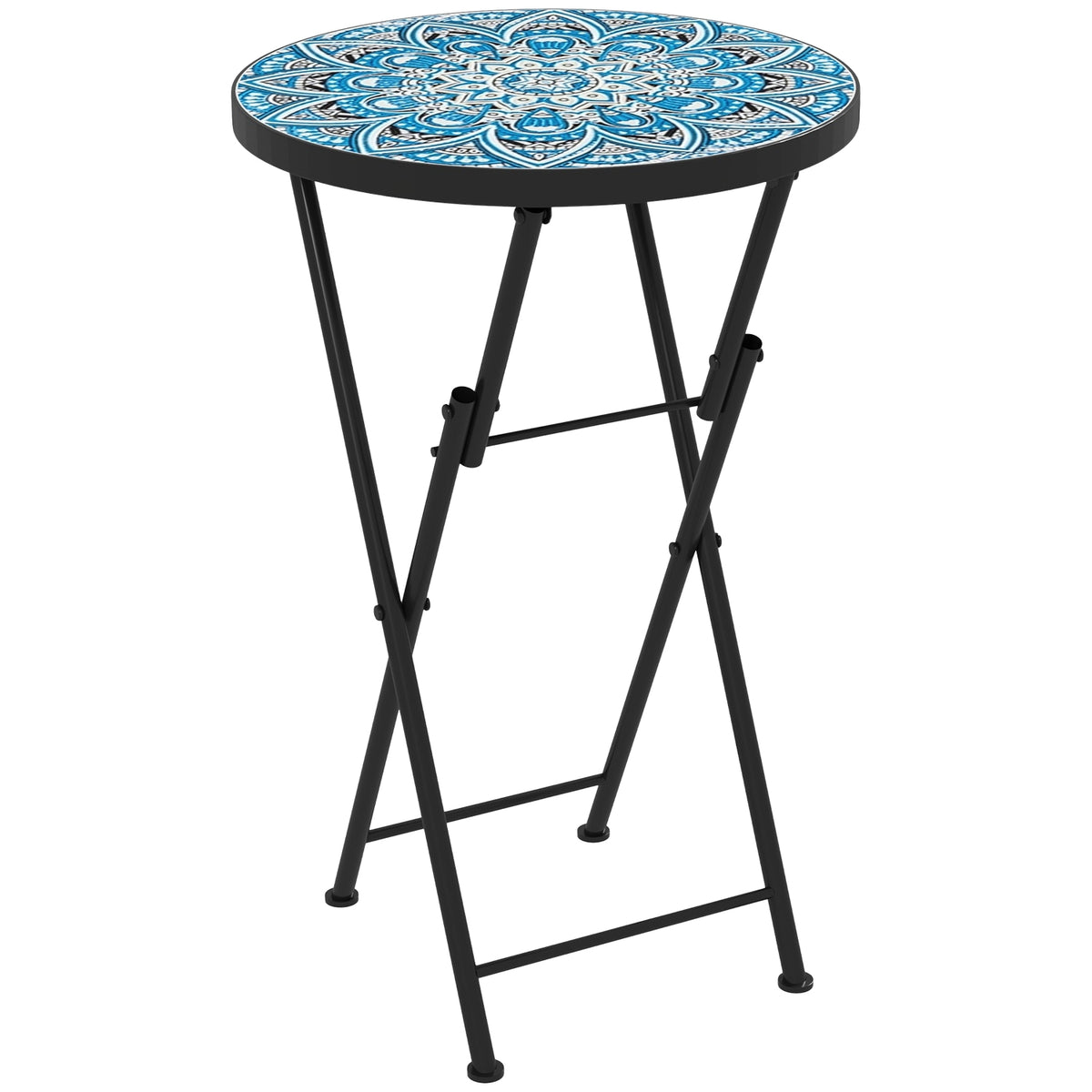 Side table, folding garden table with mosaic design, diameter 35.5 x 55 cm, round weatherproof balcony table made of metal, camping table, folding table, coffee table for living room, office, outdoor, indoor, blue