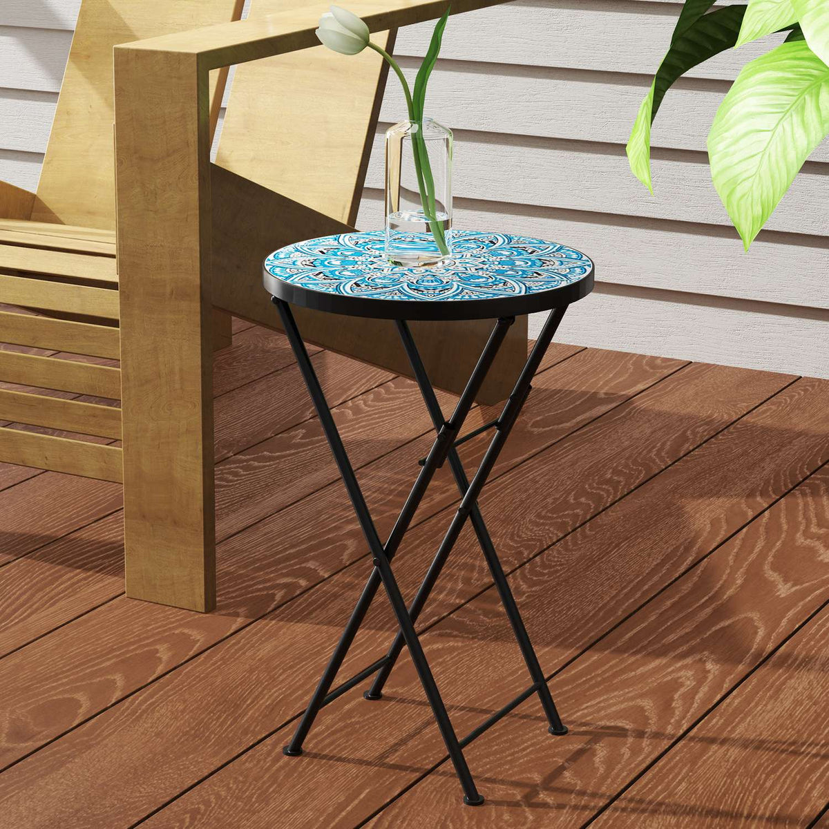 Side table, folding garden table with mosaic design, diameter 35.5 x 55 cm, round weatherproof balcony table made of metal, camping table, folding table, coffee table for living room, office, outdoor, indoor, blue