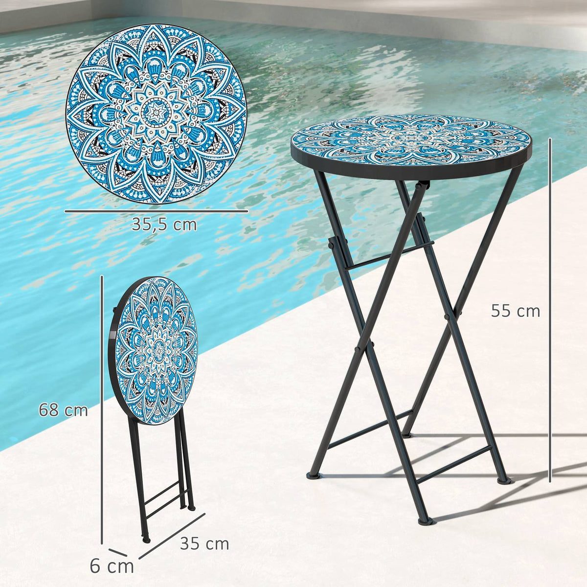 Side table, folding garden table with mosaic design, diameter 35.5 x 55 cm, round weatherproof balcony table made of metal, camping table, folding table, coffee table for living room, office, outdoor, indoor, blue