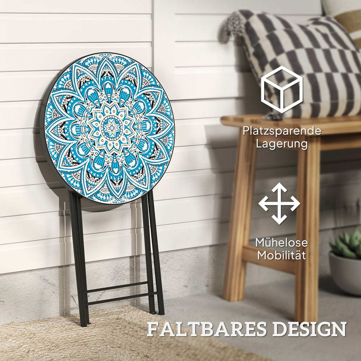 Side table, folding garden table with mosaic design, diameter 35.5 x 55 cm, round weatherproof balcony table made of metal, camping table, folding table, coffee table for living room, office, outdoor, indoor, blue