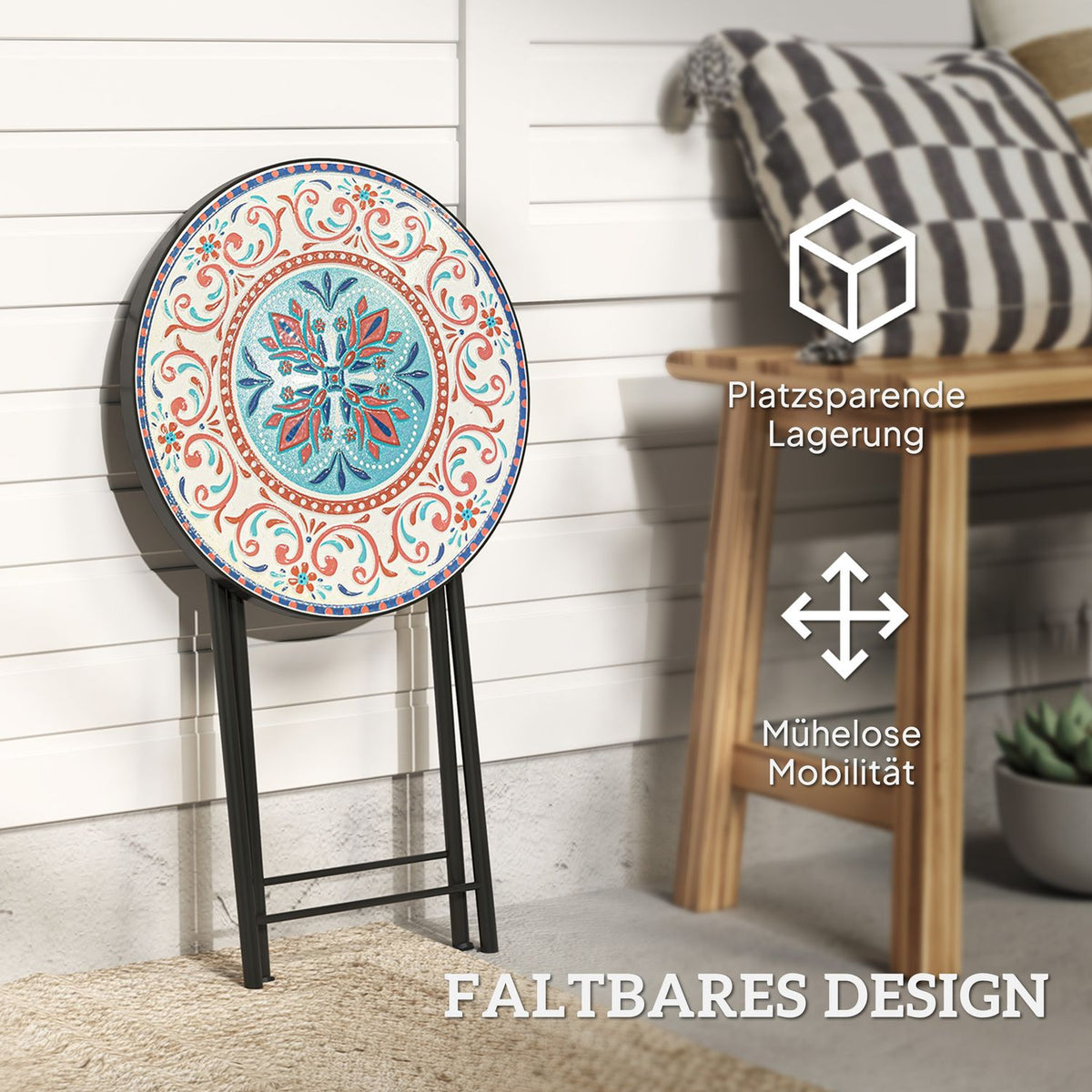 Side table, folding garden table with mosaic design, diameter 35.5 x 55 cm, round weatherproof balcony table made of metal, camping table, folding table, coffee table for living room, office, outdoor, indoor, multi-coloured
