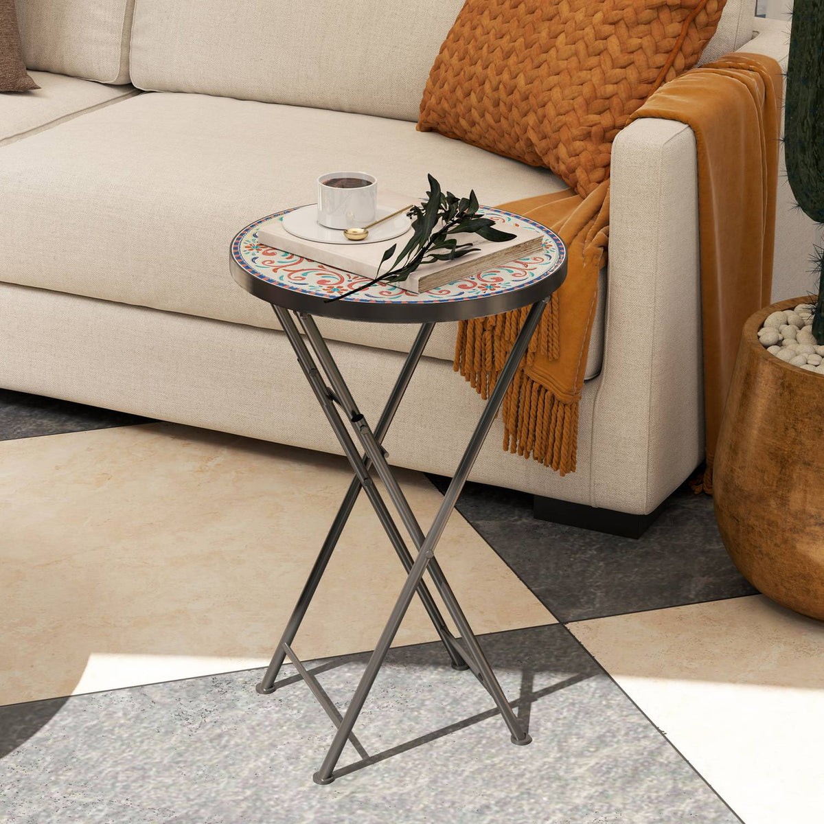 Side table, folding garden table with mosaic design, diameter 35.5 x 55 cm, round weatherproof balcony table made of metal, camping table, folding table, coffee table for living room, office, outdoor, indoor, multi-coloured