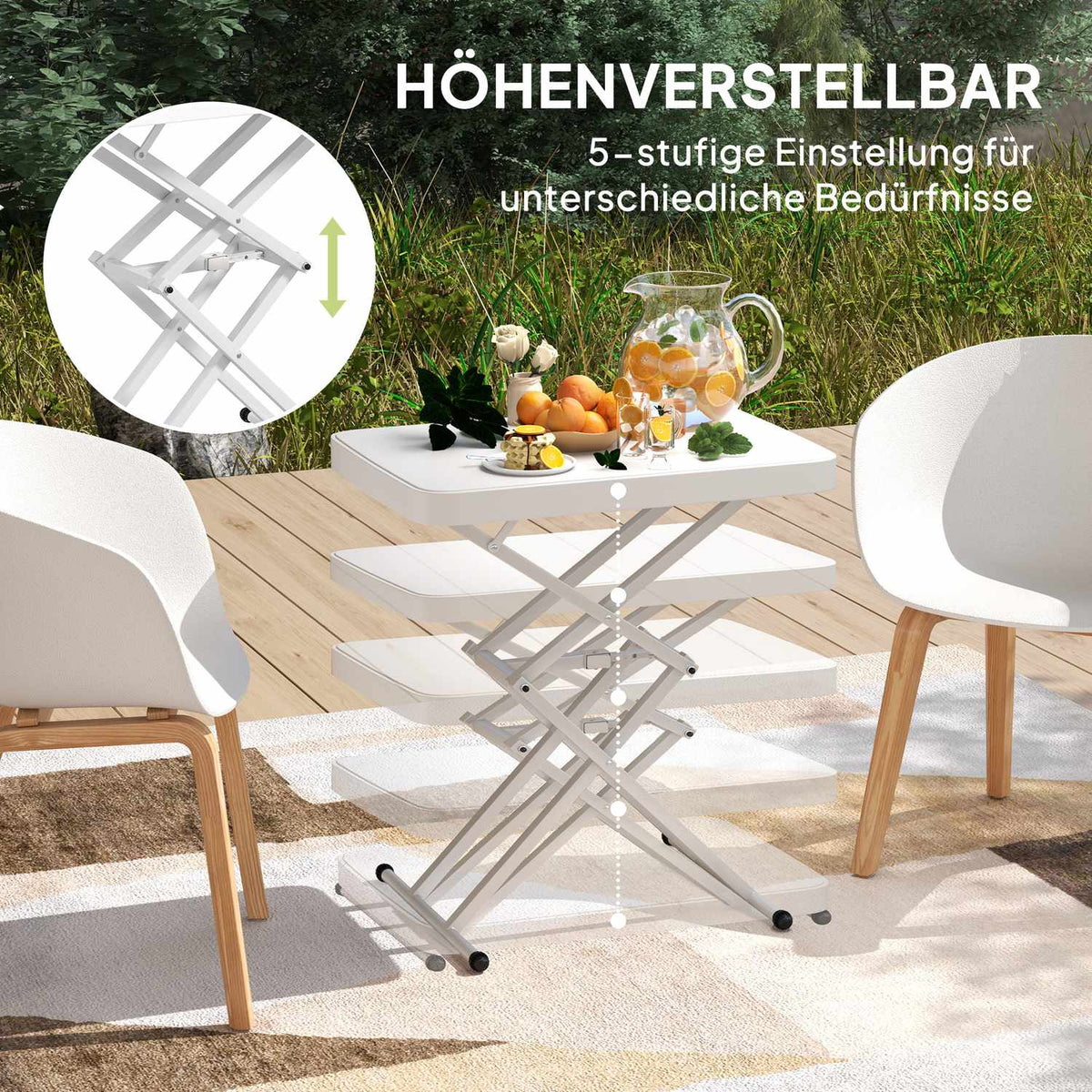 Side table garden height-adjustable garden table, foldable balcony table made of plastic, rectangular coffee table 50kg load capacity, 65x45x70H cm sofa table for outdoor indoor balcony terrace white