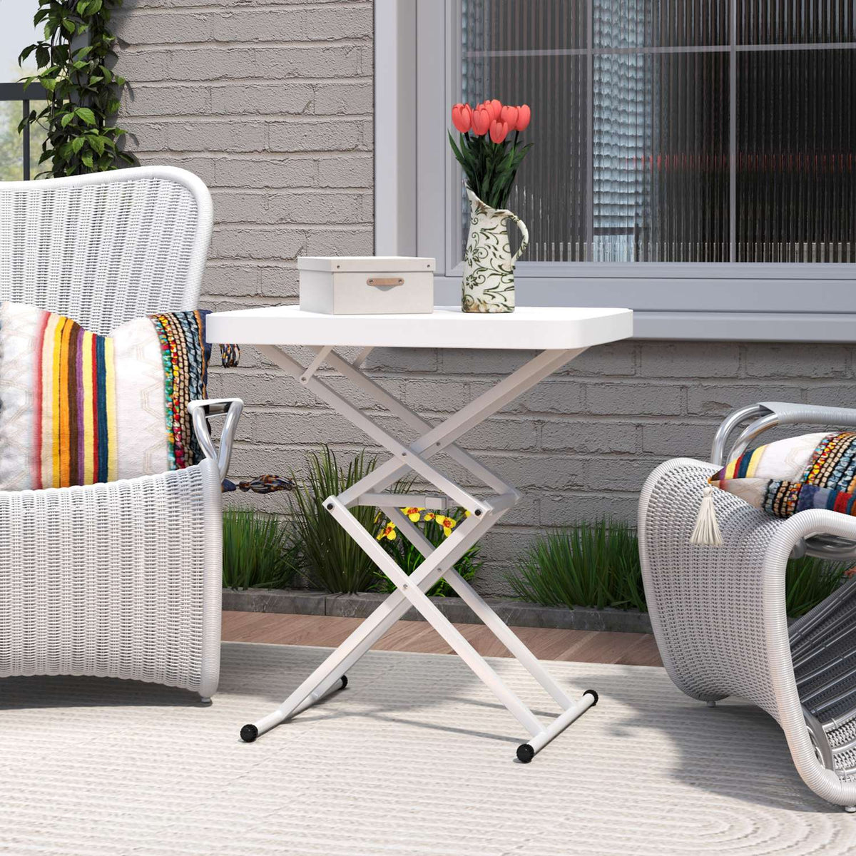 Side table garden height-adjustable garden table, foldable balcony table made of plastic, rectangular coffee table 50kg load capacity, 65x45x70H cm sofa table for outdoor indoor balcony terrace white