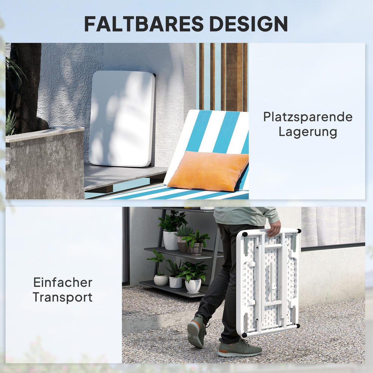 Side table garden height-adjustable garden table, foldable balcony table made of plastic, rectangular coffee table 50kg load capacity, 65x45x70H cm sofa table for outdoor indoor balcony terrace white