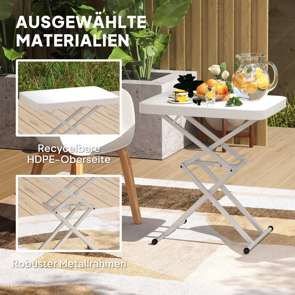 Side table garden height-adjustable garden table, foldable balcony table made of plastic, rectangular coffee table 50kg load capacity, 65x45x70H cm sofa table for outdoor indoor balcony terrace white