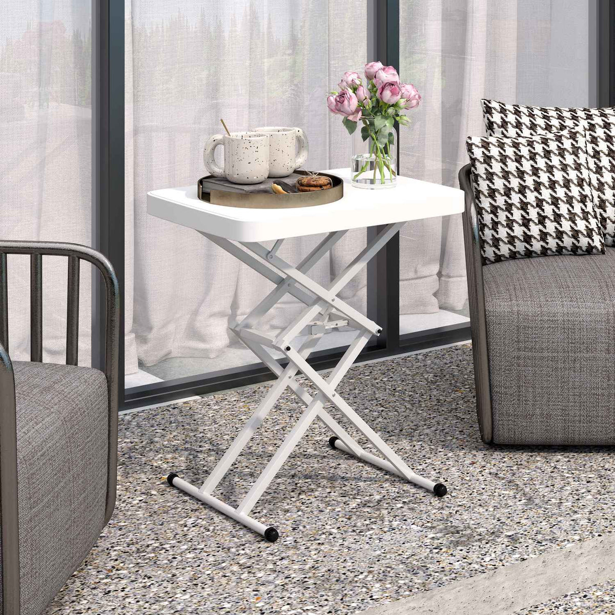 Side table garden height-adjustable garden table, foldable balcony table made of plastic, rectangular coffee table 50kg load capacity, 65x45x70H cm sofa table for outdoor indoor balcony terrace white