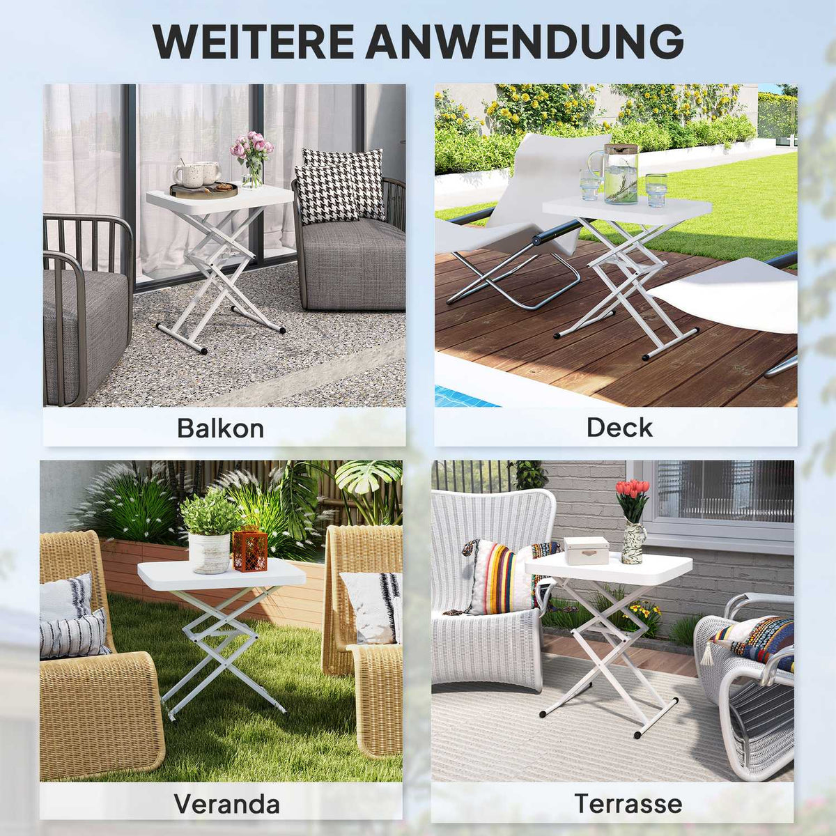 Side table garden height-adjustable garden table, foldable balcony table made of plastic, rectangular coffee table 50kg load capacity, 65x45x70H cm sofa table for outdoor indoor balcony terrace white