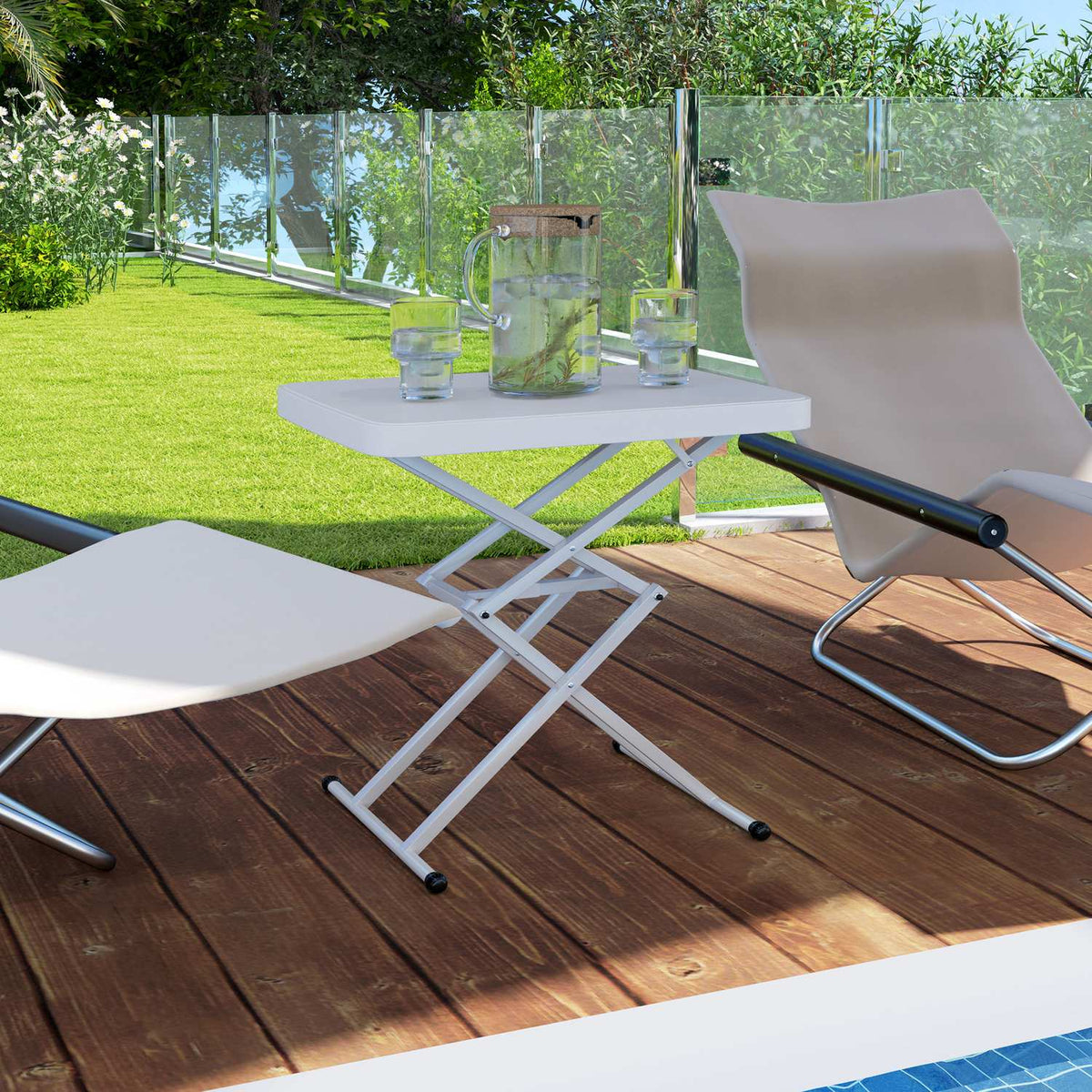 Side table garden height-adjustable garden table, foldable balcony table made of plastic, rectangular coffee table 50kg load capacity, 65x45x70H cm sofa table for outdoor indoor balcony terrace white