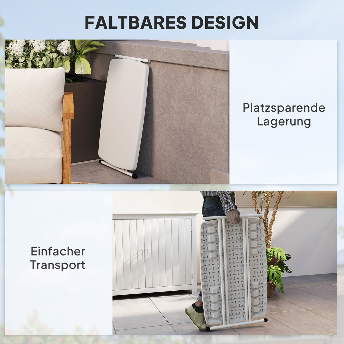 Side table garden height-adjustable garden table, foldable balcony table made of plastic, rectangular coffee table 50kg load capacity, 76x50x74H cm sofa table for outdoor indoor balcony terrace white