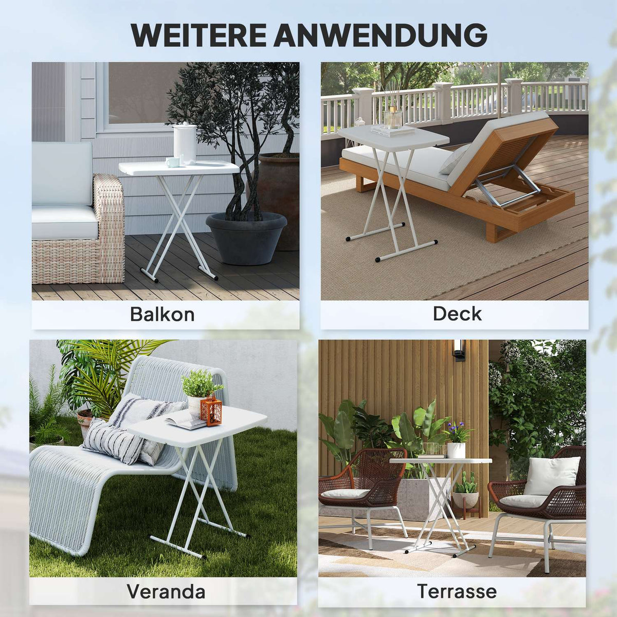 Side table garden height-adjustable garden table, foldable balcony table made of plastic, rectangular coffee table 50kg load capacity, 76x50x74H cm sofa table for outdoor indoor balcony terrace white