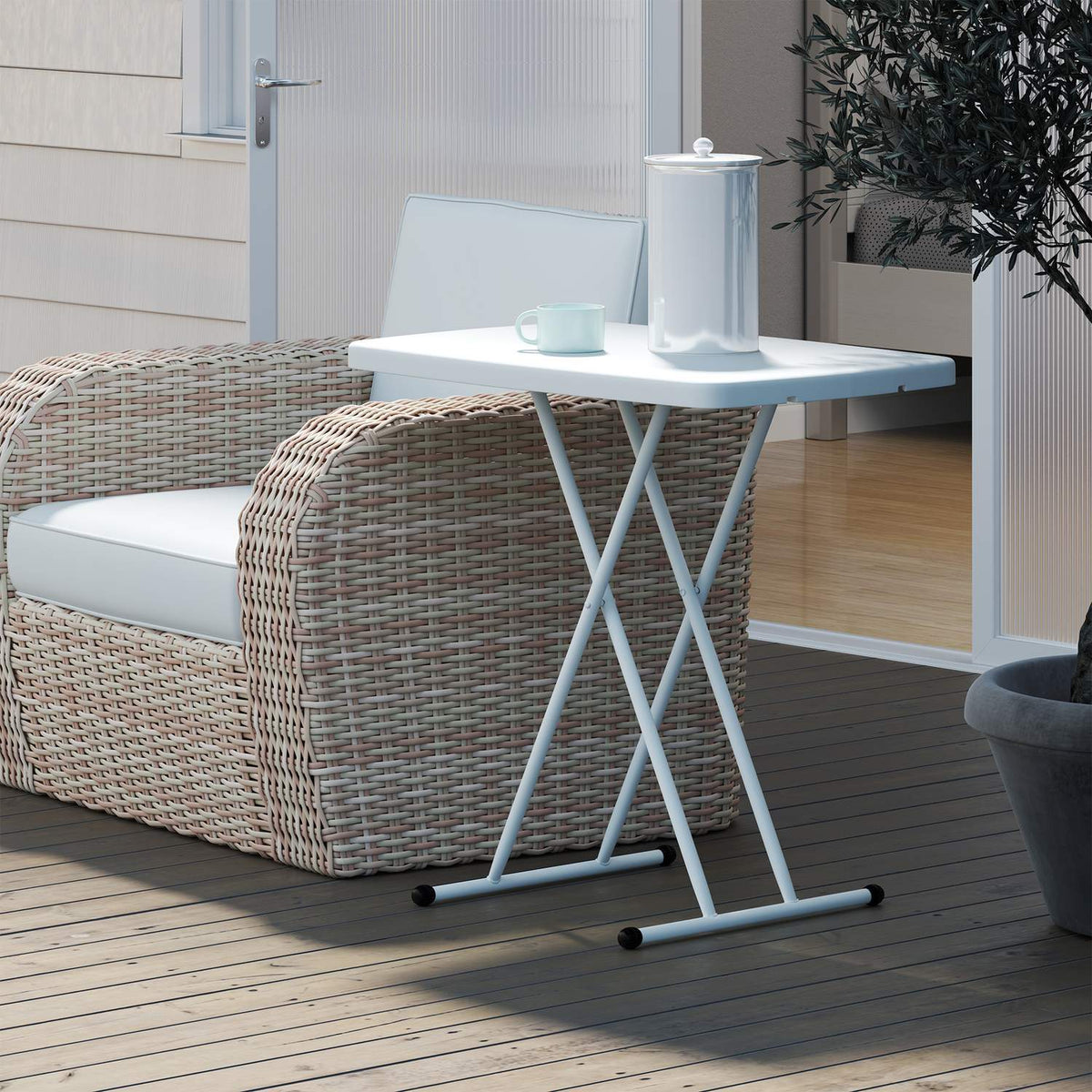 Side table garden height-adjustable garden table, foldable balcony table made of plastic, rectangular coffee table 50kg load capacity, 76x50x74H cm sofa table for outdoor indoor balcony terrace white