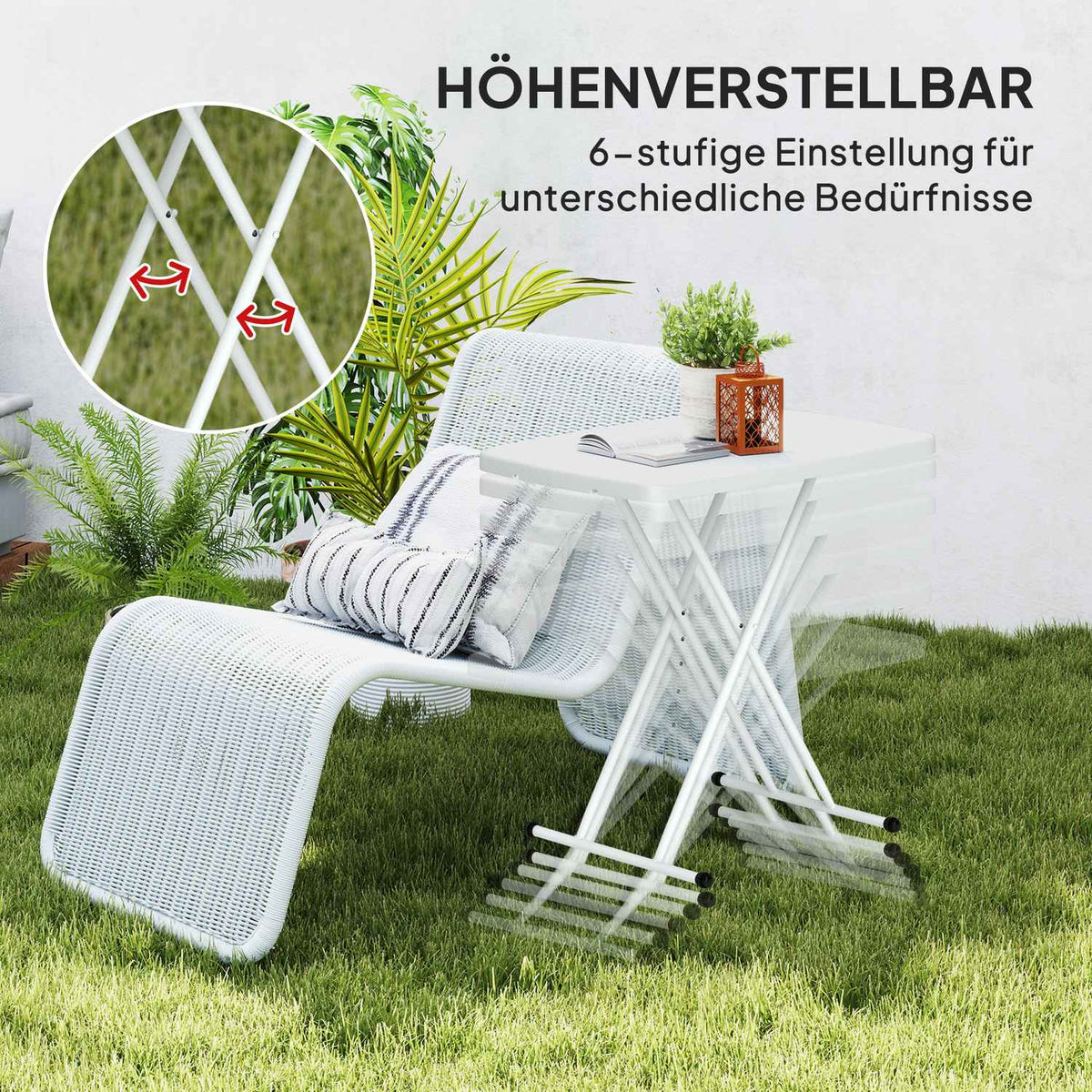 Side table garden height-adjustable garden table, foldable balcony table made of plastic, rectangular coffee table 50kg load capacity, 76x50x74H cm sofa table for outdoor indoor balcony terrace white