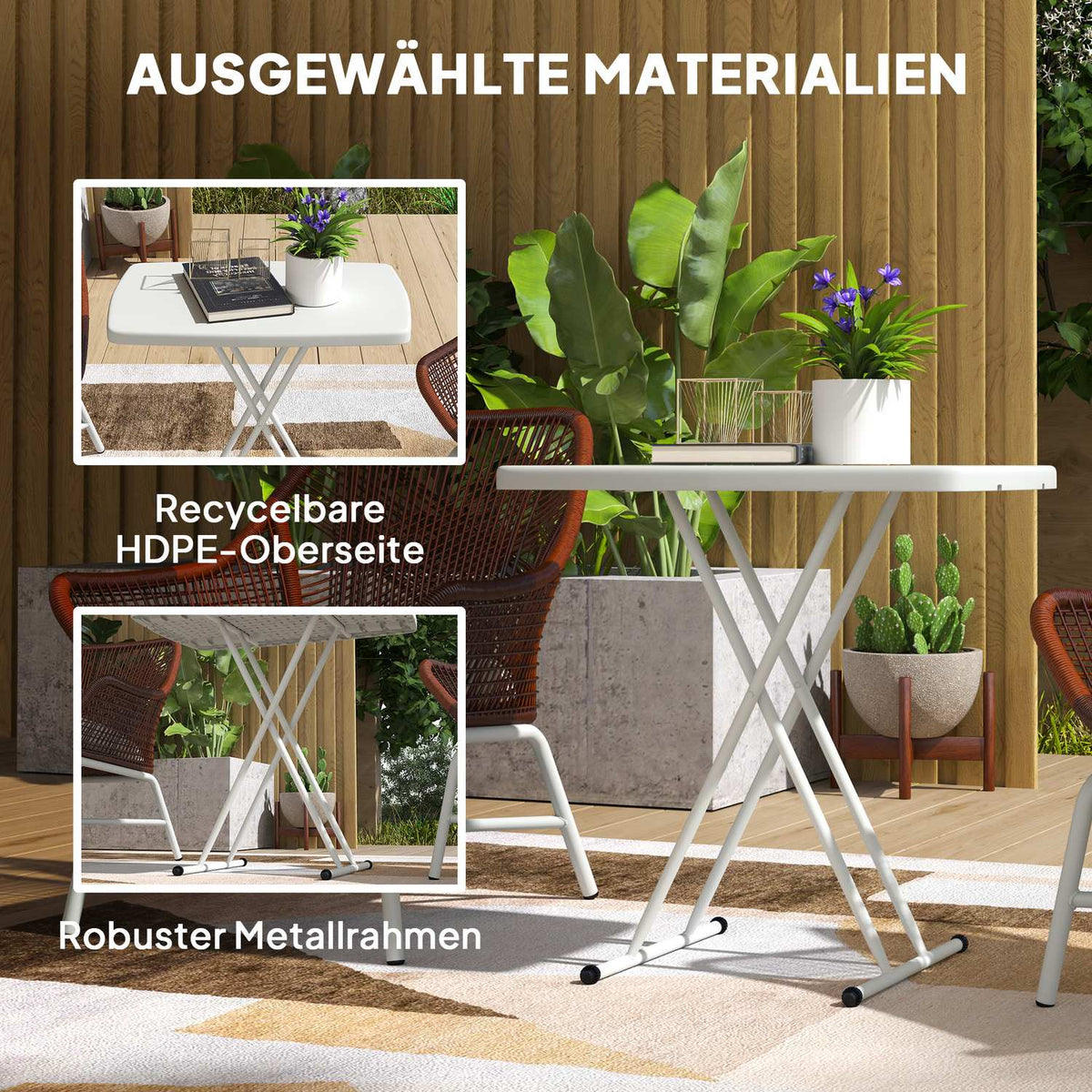 Side table garden height-adjustable garden table, foldable balcony table made of plastic, rectangular coffee table 50kg load capacity, 76x50x74H cm sofa table for outdoor indoor balcony terrace white