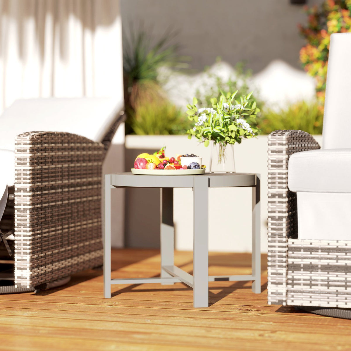 Side table garden table round weatherproof aluminum balcony table with marble look camping table coffee table for living room office outdoor indoor gray |