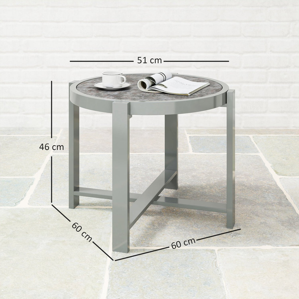 Side table garden table round weatherproof aluminum balcony table with marble look camping table coffee table for living room office outdoor indoor gray |