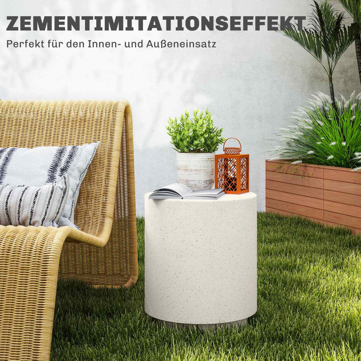 Side table, living room table with stone look, coffee table, sofa table, coffee table for living room, garden Ø37 x 43 cm, cream white |