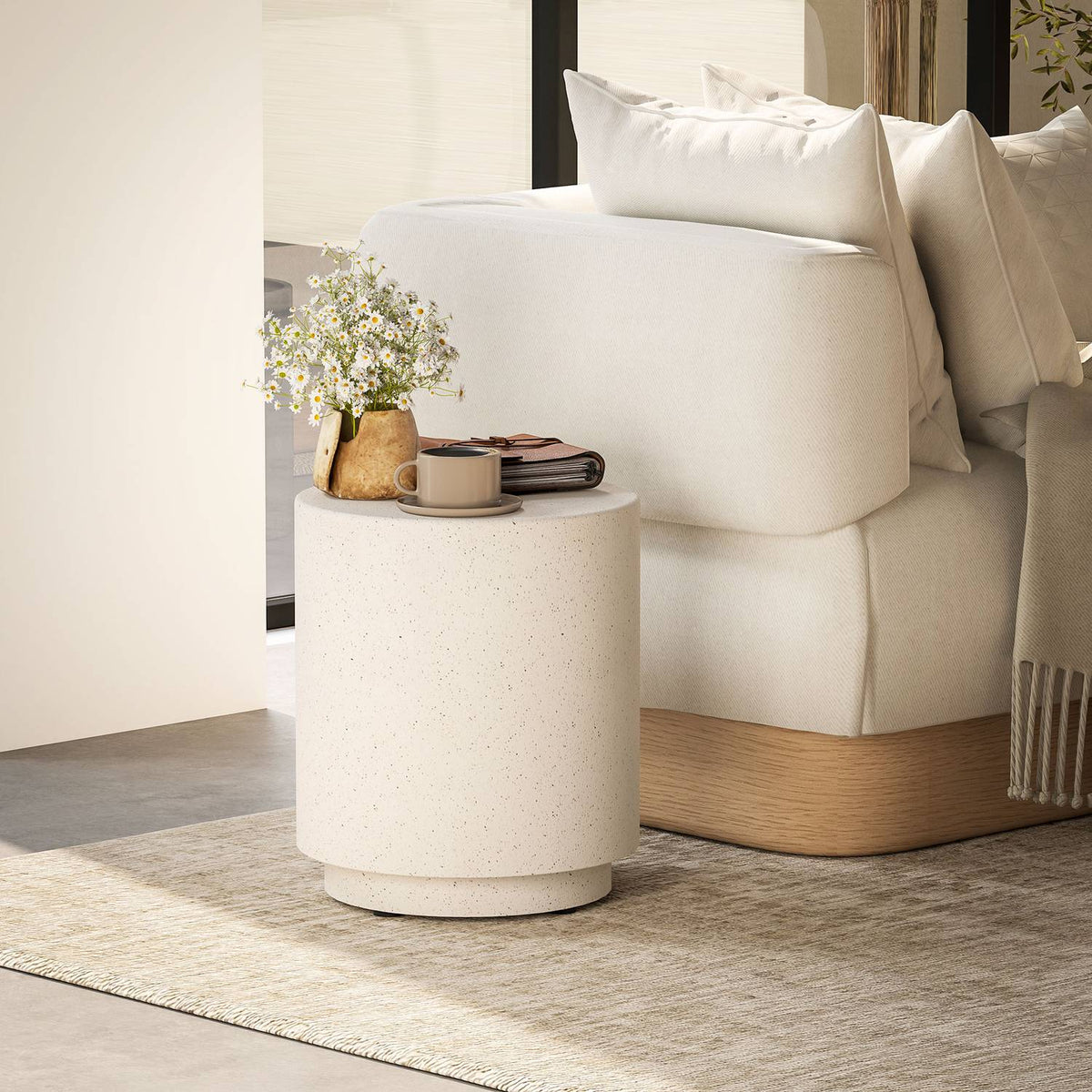 Side table, living room table with stone look, coffee table, sofa table, coffee table for living room, garden Ø37 x 43 cm, cream white |