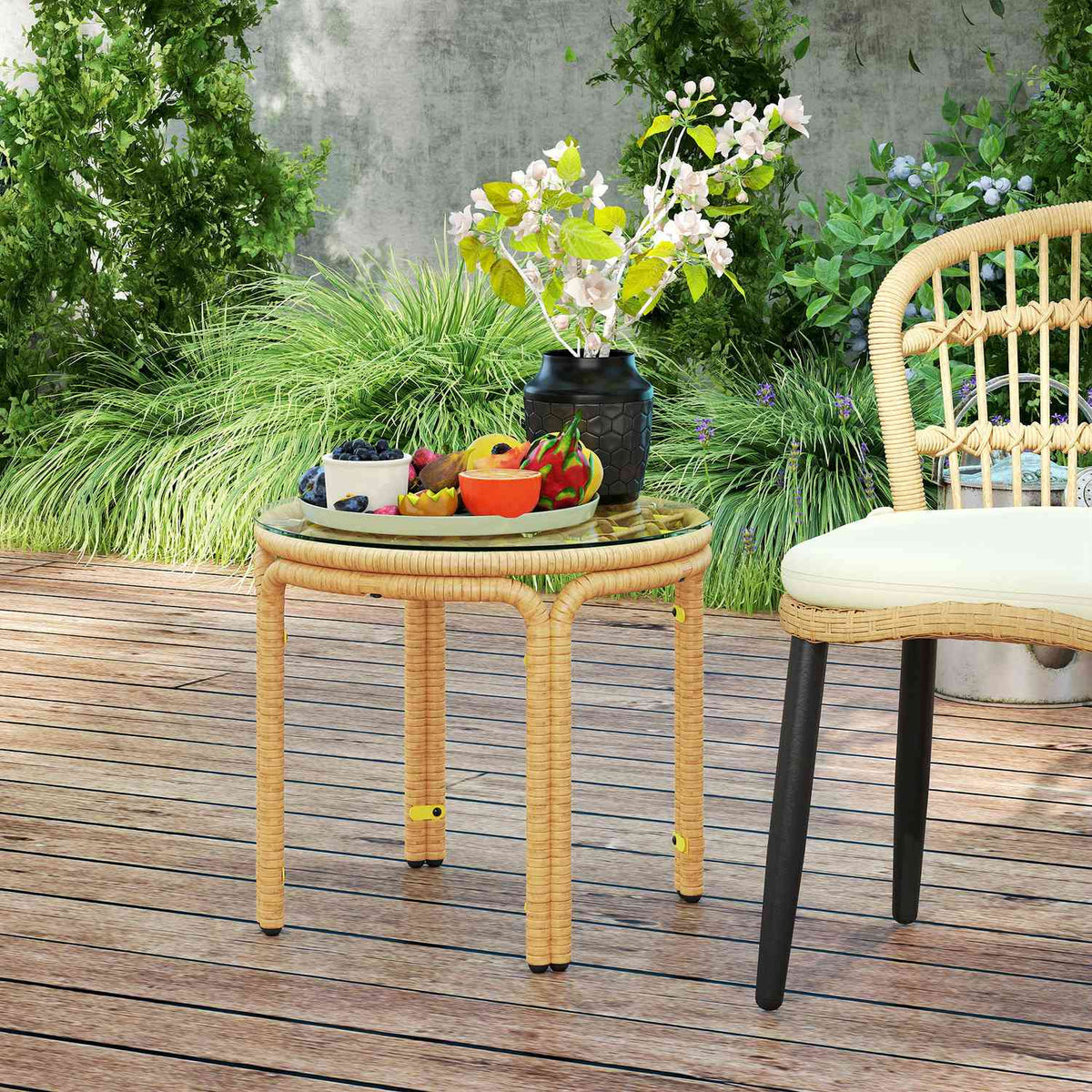 Side table made of polyrattan, round coffee table with glass table top, bedside table, garden table, garden furniture, coffee table, sofa table for living room, garden, terrace, balcony, Ø50 cm, yellow