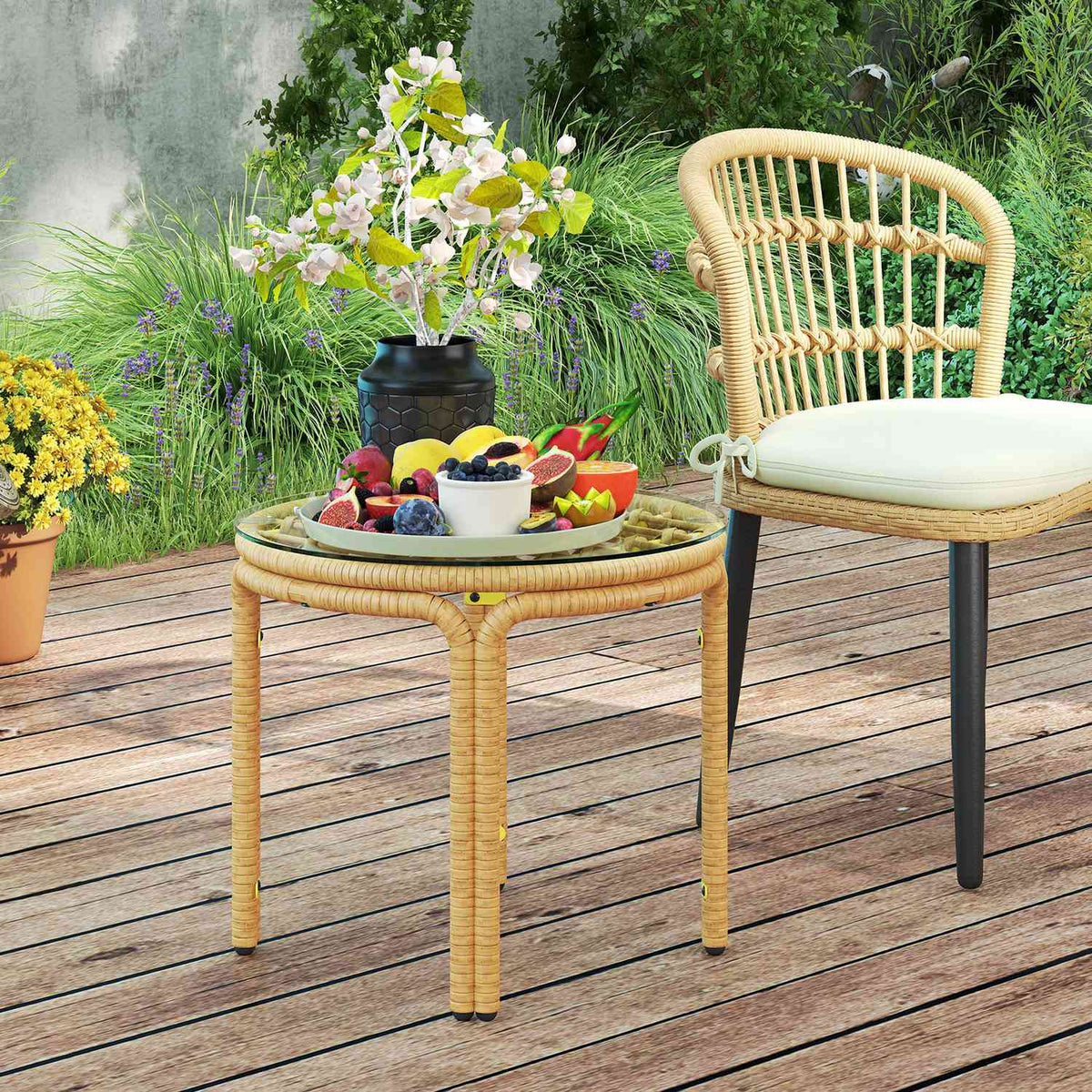 Side table made of polyrattan, round coffee table with glass table top, bedside table, garden table, garden furniture, coffee table, sofa table for living room, garden, terrace, balcony, Ø50 cm, yellow