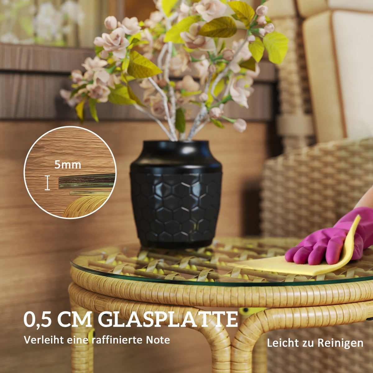 Side table made of polyrattan, round coffee table with glass table top, bedside table, garden table, garden furniture, coffee table, sofa table for living room, garden, terrace, balcony, Ø50 cm, yellow