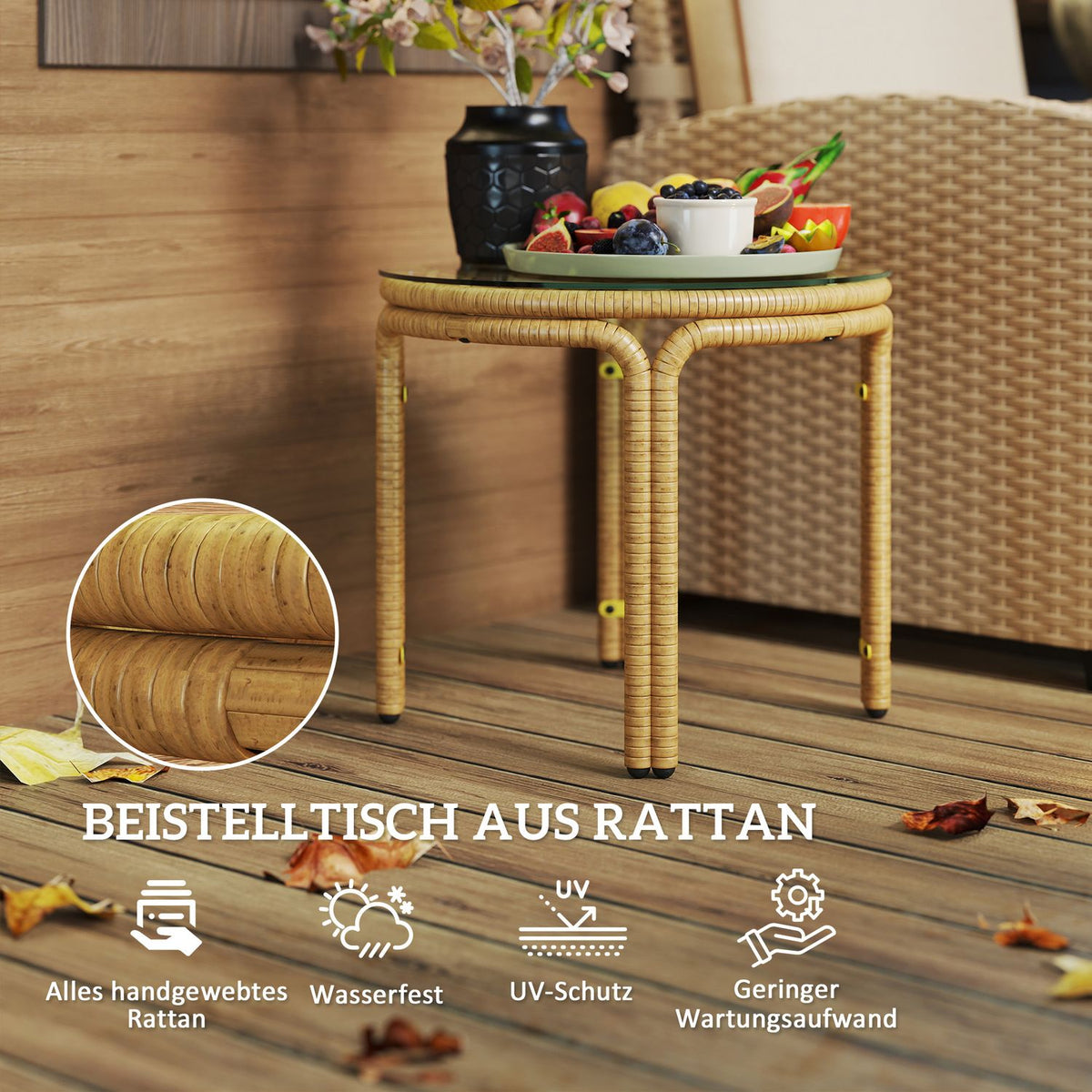 Side table made of polyrattan, round coffee table with glass table top, bedside table, garden table, garden furniture, coffee table, sofa table for living room, garden, terrace, balcony, Ø50 cm, yellow