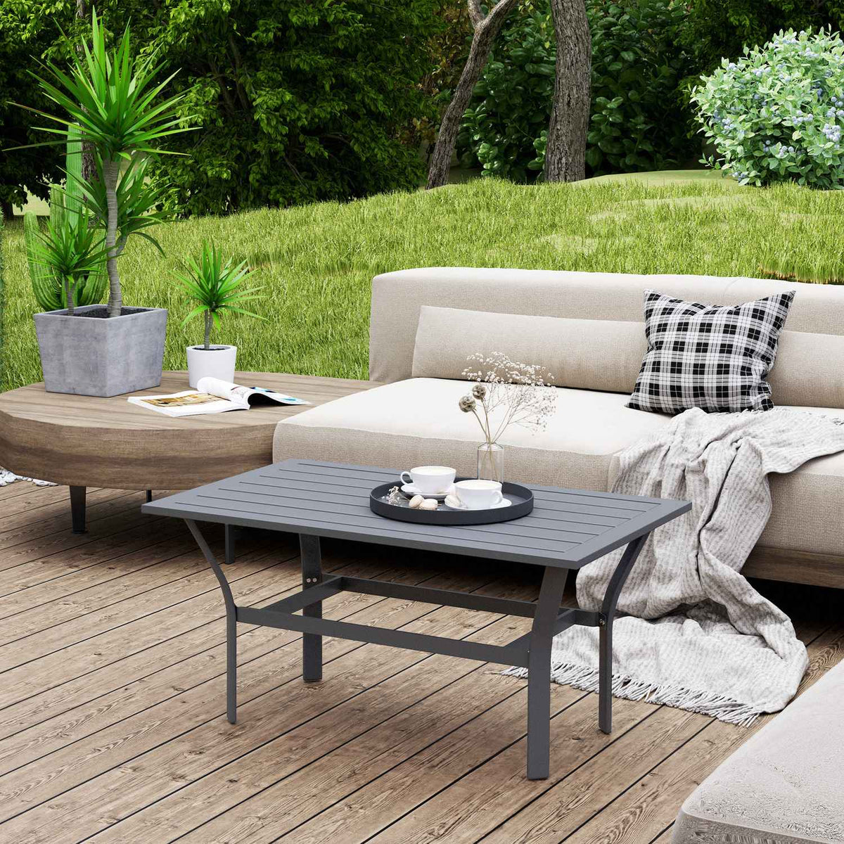Side table metal balcony table with slat design weatherproof coffee table garden table easy-care sofa table outdoor table for balcony garden terrace veranda 91.5 x 55 x 45 cm dark gray
