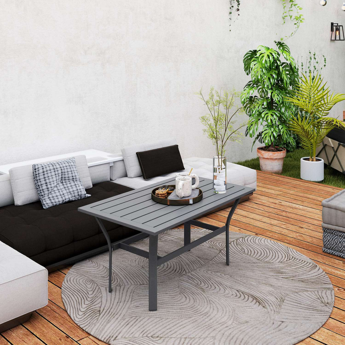 Side table metal balcony table with slat design weatherproof coffee table garden table easy-care sofa table outdoor table for balcony garden terrace veranda 91.5 x 55 x 45 cm dark gray