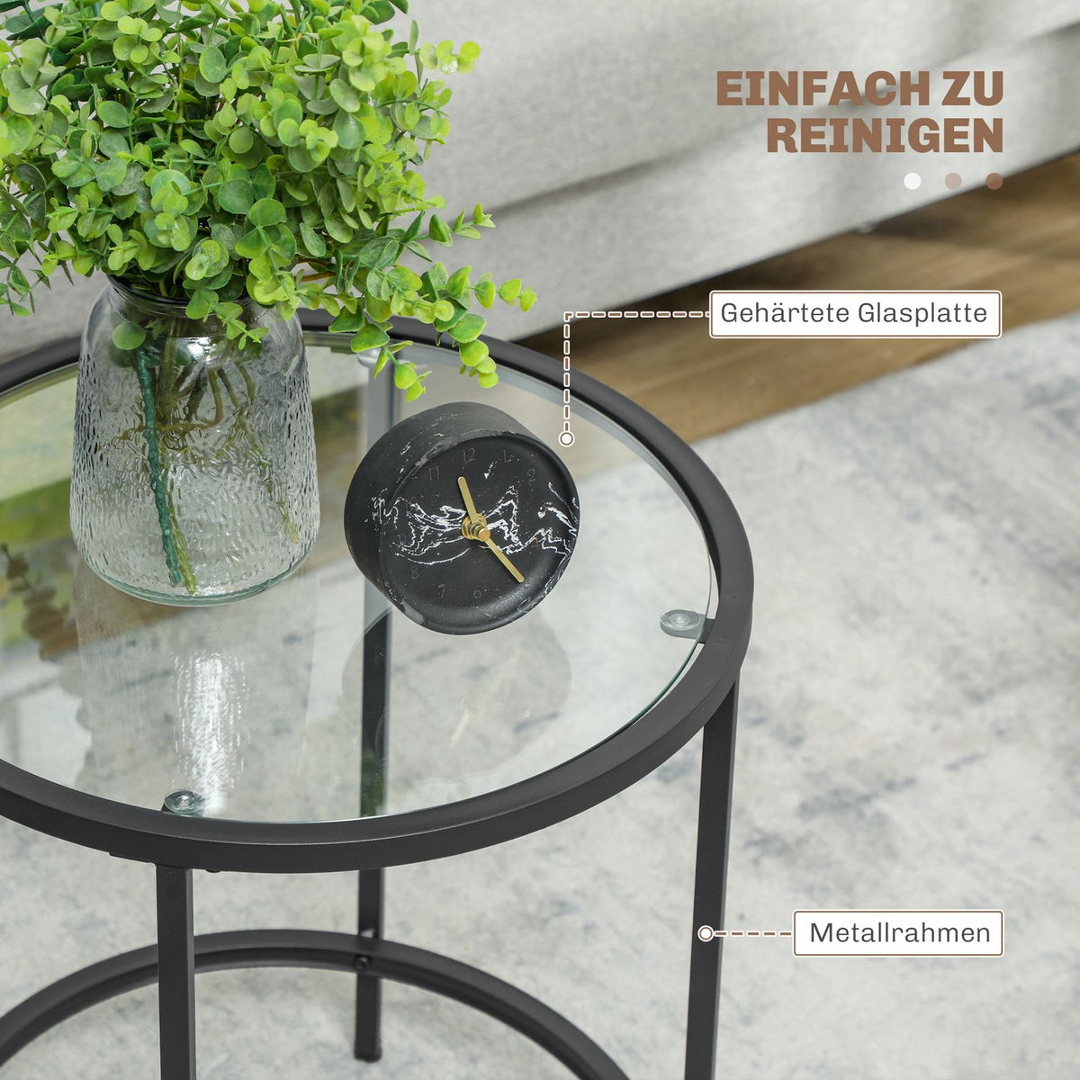 Side table round coffee table with glass table top, metal frame, coffee table, bedside table for living room, bedroom, black, Ø48 x 54.7 cm