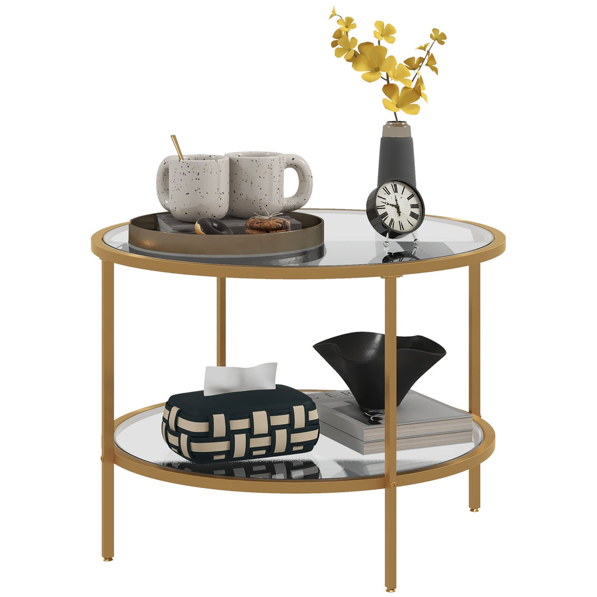 Side table round coffee table with shelf, steel frame, coffee table, bedside table for living room, bedroom, gold, Ø60 x 43 cm