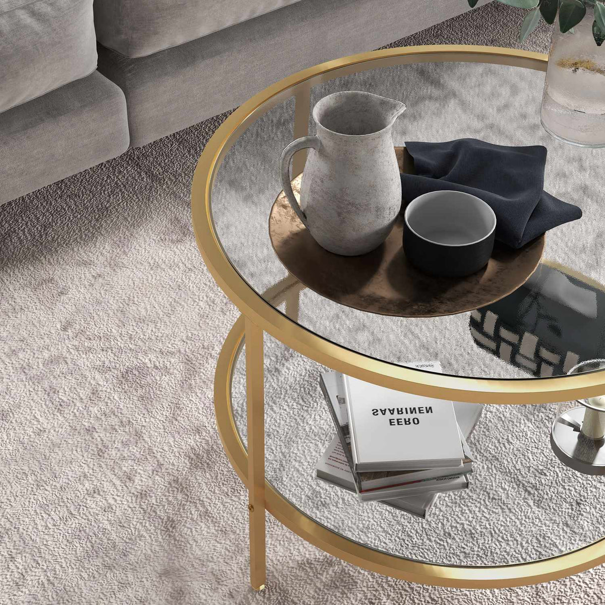 Side table round coffee table with shelf, steel frame, coffee table, bedside table for living room, bedroom, gold, Ø60 x 43 cm