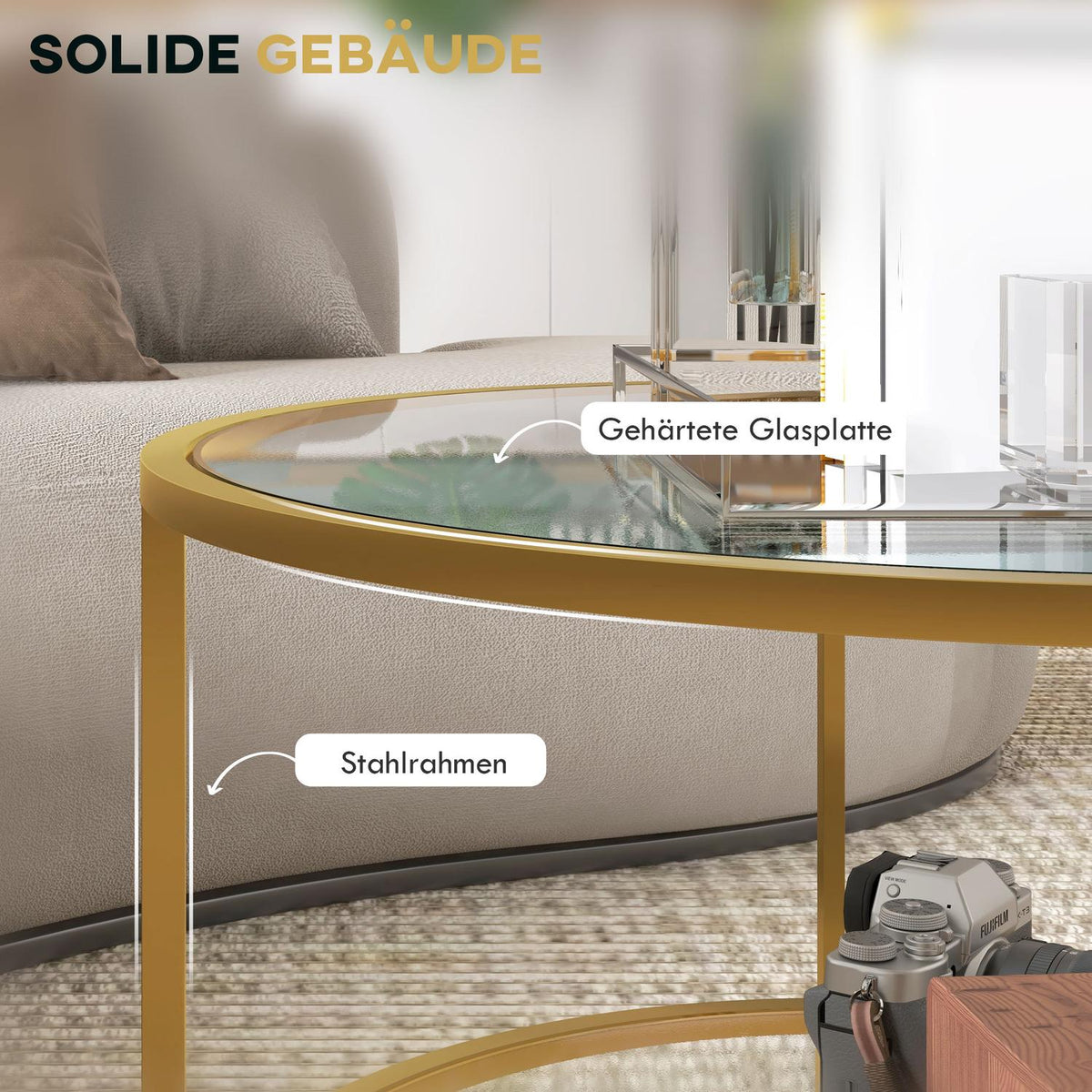 Side table round coffee table with shelf, steel frame, coffee table, bedside table for living room, bedroom, gold, Ø60 x 43 cm